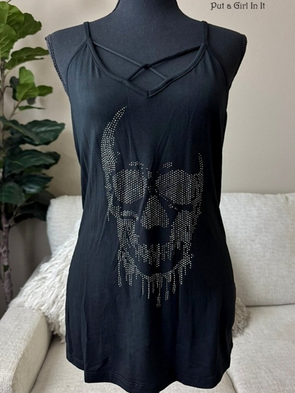 Vocal Apparel Womens Crystal Black Skull Skeleton Cutout Tank Top Shirt S M L XL